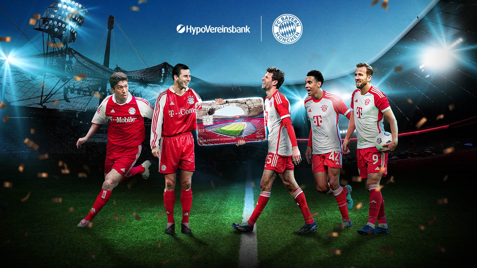 Keyvisual von der Partnerschaft von HVB und dem FCB. Es sind alte Spieler sowie aktuelle Spieler der Mannschaft vom FC Bayern zusehen, wie sie in den Müncher Stadien eine große HypoVereinsbank Karte zusammen halten.