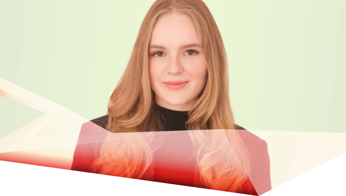 Person with long light hair, black top, and heart pendant, on light green background with red and white geometric shape.