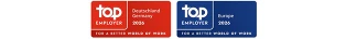 Zwei Siegel „Top Employer 2026“ für Deutschland und Europa mit weißem Text auf rotem und blauem Hintergrund.