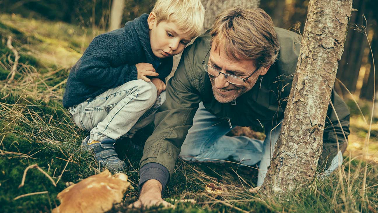 Vater mit Sohn beim Pilze suchen