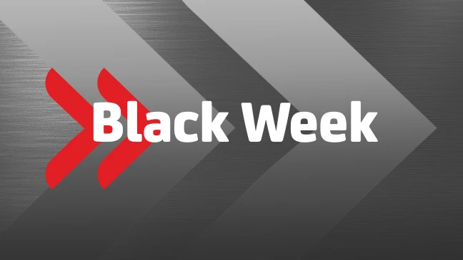 Grauer Hintergrund mit roten Pfeilen und weißem Schriftzug ‚Black Week‘ in der Mitte.