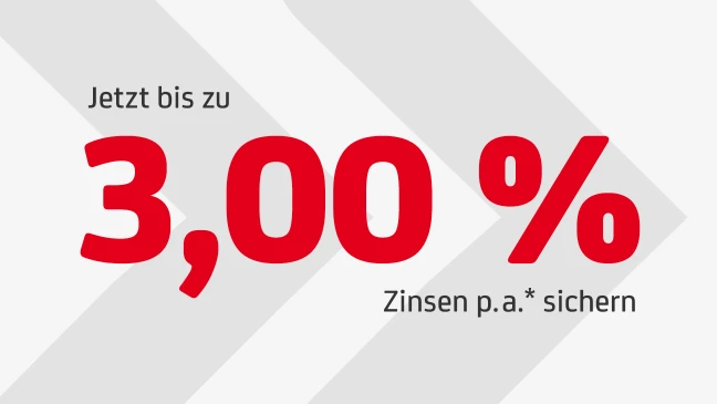 Grafik mit dem Text Jetzt bis zu 3,00 Prozent Zinsen p.a. sichern in großer roter Schrift vor hellgrauem Hintergrund mit Pfeilmuster. Sternchen
