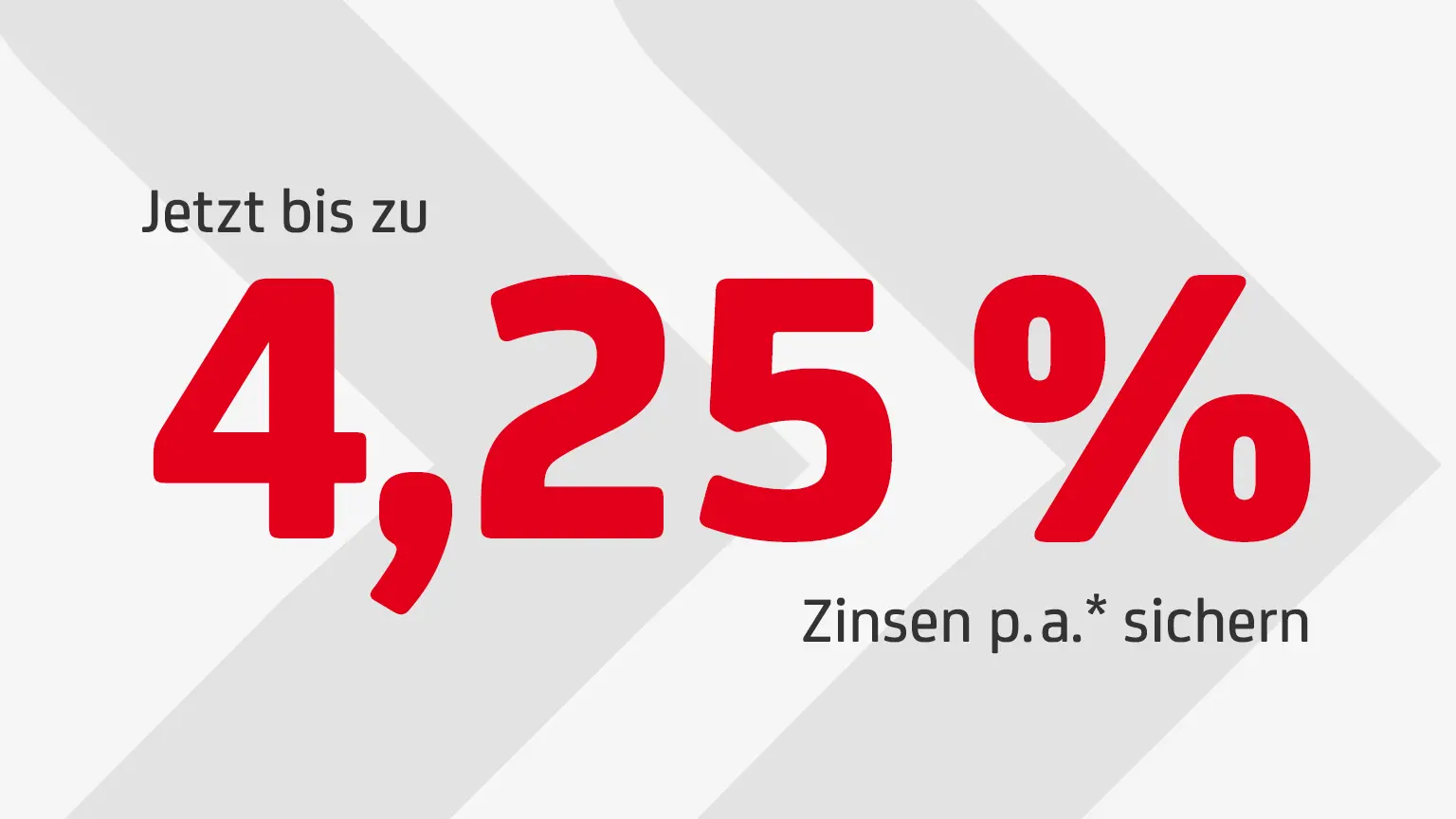 HVB-Festgeldangebot mit bis zu 4,25 % Zinsen pro Jahr. Jetzt bis zu 3,00 % Zinsen p.a. sichern ist in roten Großbuchstaben auf weißem Hintergrund dargestellt, mit einem grafischen Pfeil im Hintergrund.