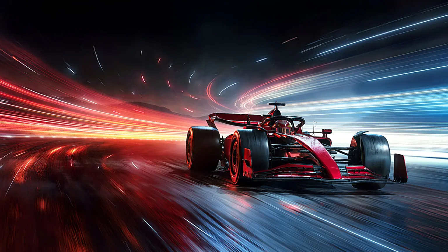 Roter Formel‑1‑Rennwagen fährt mit hoher Geschwindigkeit über eine Rennstrecke; dynamische Lichtstreifen in Rot und Blau verstärken den Eindruck von Tempo und Bewegung vor dunklem Hintergrund.