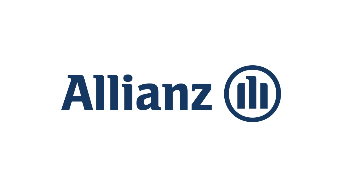 Allianz Logo mit dunkelblauem Schriftzug und Kreis mit drei vertikalen Balken auf weißem Hintergrund.