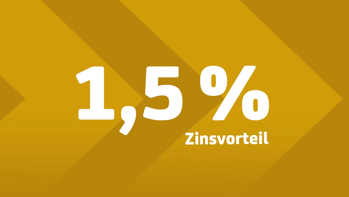 Goldener Hintergrund mit diagonalen Pfeilformen und grosser weisser Aufschrift 1 5 Prozent sowie dem Wort Zinsvorteil im Vordergrund.