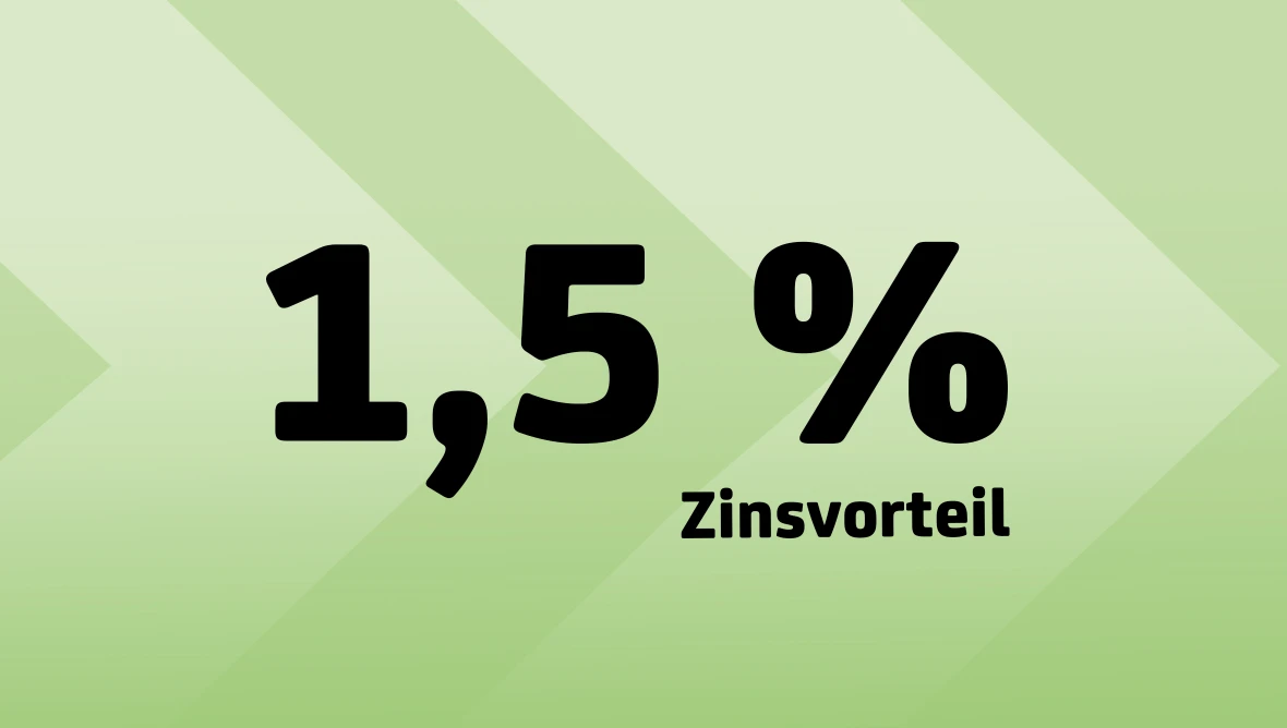 Gruener Hintergrund mit diagonalen Pfeilformen und grosser schwarzer Schrift eins komma fuenf Prozent Zinsvorteil zentriert platziert.