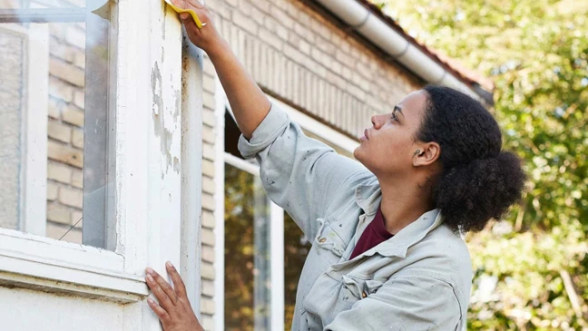 Frau renoviert ihr Haus und streicht die Fenster