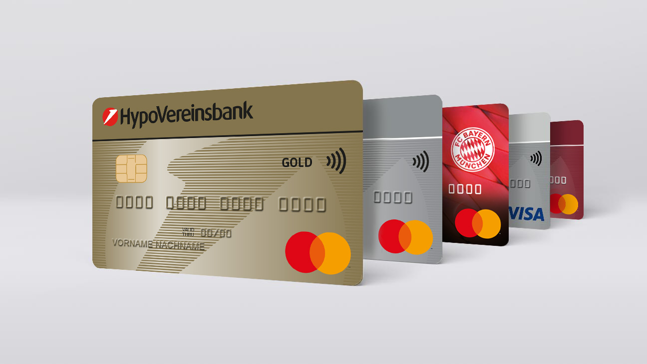Verschiedene Kreditkarten von Mastercard Gold bis FC Bayern Card