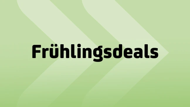 Grüne Grafik mit hellen Pfeil Elementen im Hintergrund und dem schwarzen Schriftzug ‚Frühlingsdeals‘ in der Mitte.