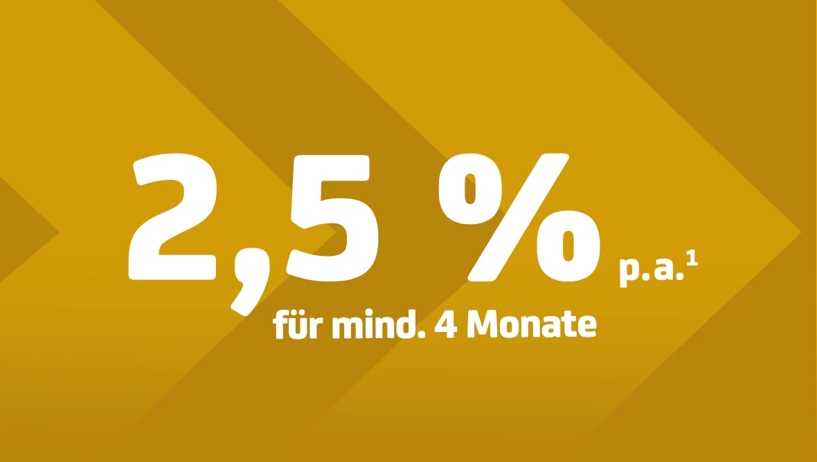 Goldener Hintergrund mit diagonalen Formen und grosser weisser Aufschrift 2 5 Prozent p a sowie kleiner Text fuer 4 Monate fest im Vordergrund.