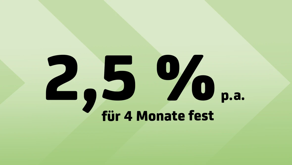 Hellgruener Hintergrund mit geometrischen Pfeilformen und grosser schwarzer Text zeigt zwei Komma fuenf Prozent pro Jahr fuer vier Monate fest.