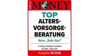 Siegel mit rotem Balken und Schrift „FOCUS MONEY“, darunter „TOP ALTERSVORSORGE-BERATUNG“, sowie Hinweis auf Note „Sehr Gut“ und Ausgabe 36/2025.