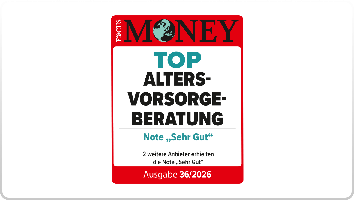 Siegel mit rotem Banner „FOCUS MONEY“, blauem Wort „TOP“, schwarzem Text „ALTERSVORSORGE-BERATUNG“ und Hinweis „Note Sehr Gut“, Ausgabe 36/2025.