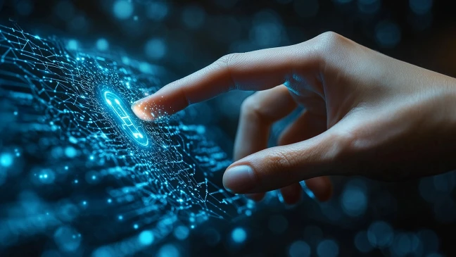 Finger einer Hand tippt auf digitatel futuristische Tastatur