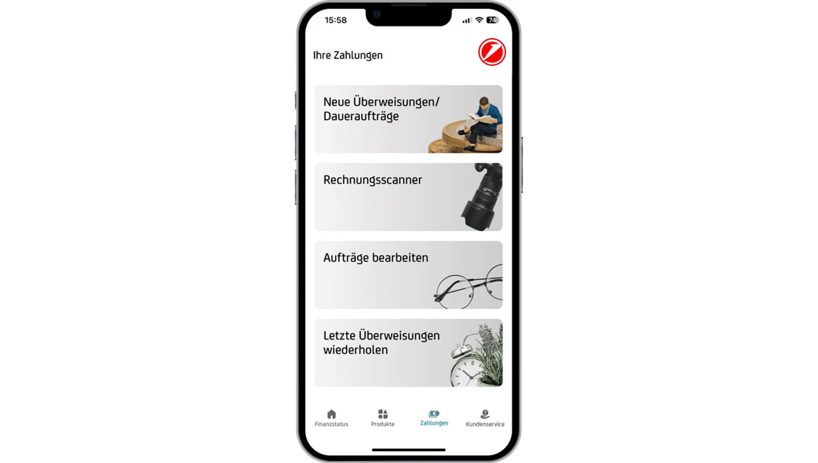 Smartphone zeigt Banken App Bereich Zahlungen mit Menüpunkten Neue Überweisungen Rechnungsscanner Aufträge bearbeiten und Letzte Überweisungen.