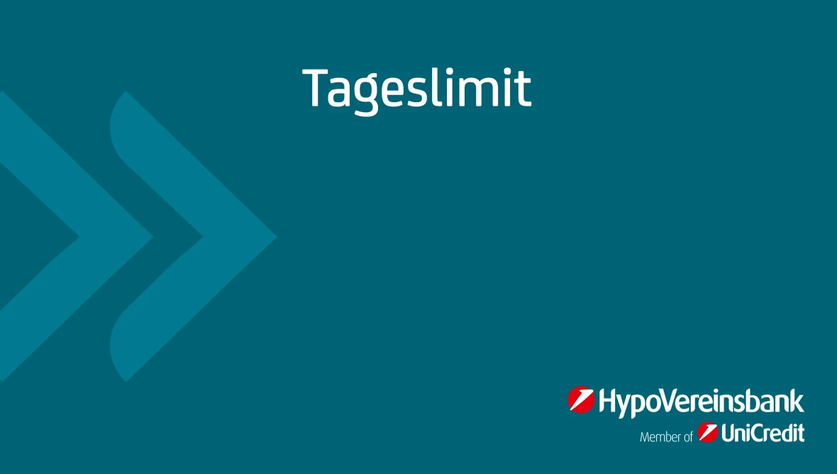 Grafik mit weißem Text „Tageslimit“ und HypoVereinsbank-Logo auf blauem Hintergrund mit geometrischen Formen.