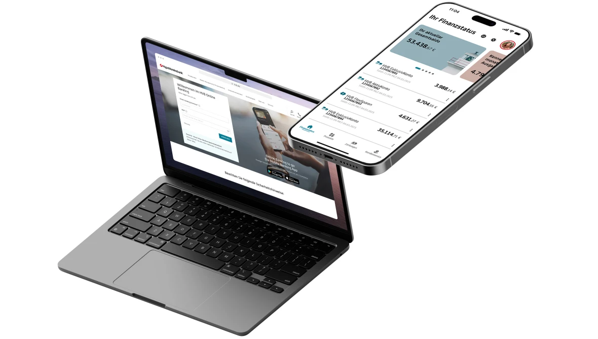 Laptop mit geöffneter Sparkasse-Webseite und Login-Formular, daneben Smartphone mit App-Oberfläche und Finanzinformationen.