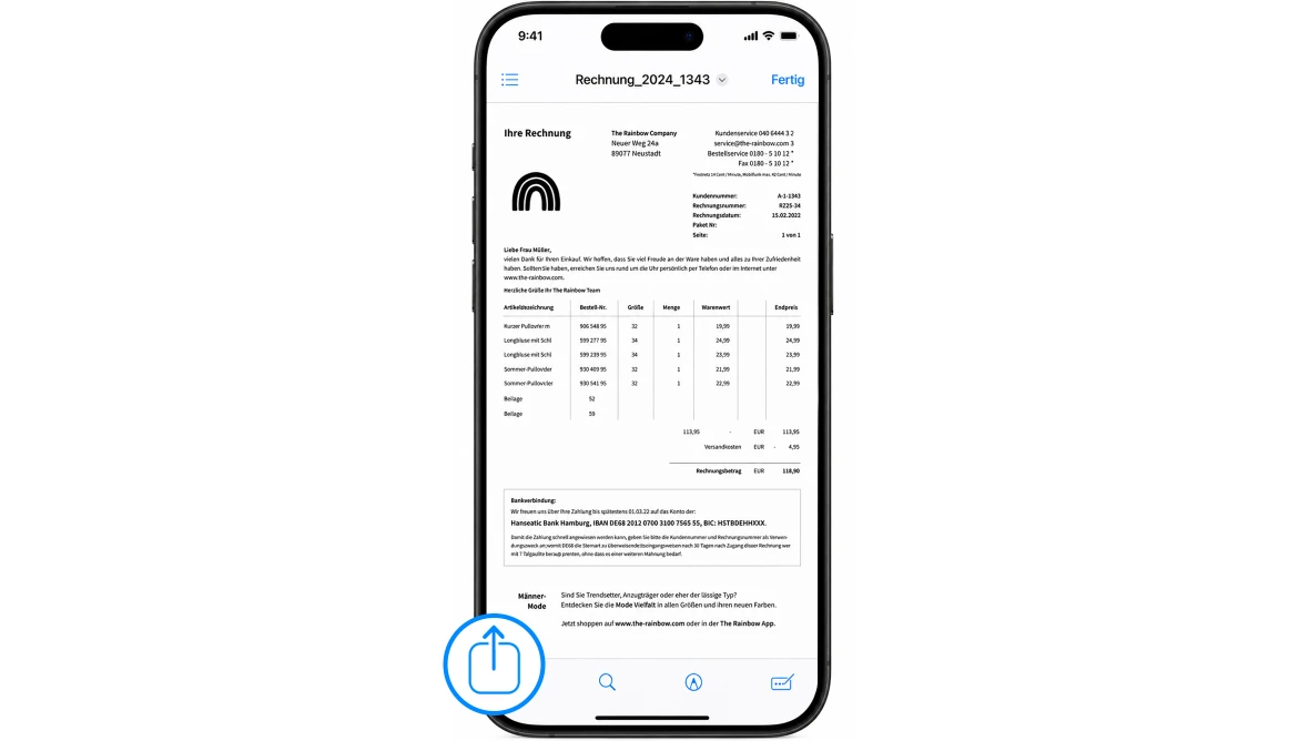 Smartphone zeigt gescannte Rechnung mit Positionsliste Beträgen Bankdaten und Teilen Symbol unten sowie Navigationsicons am Rand.
