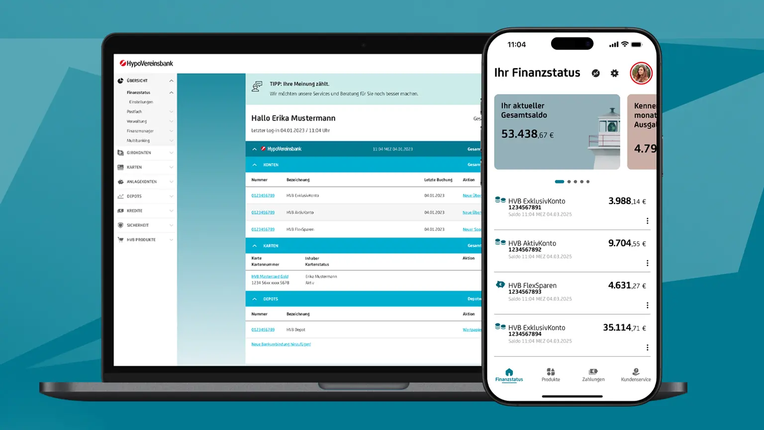 Laptop und Smartphone zeigen digitale Kontoübersichten und Finanzstatus mit Kontoständen und Karteninformationen der HypoVereinsbank.