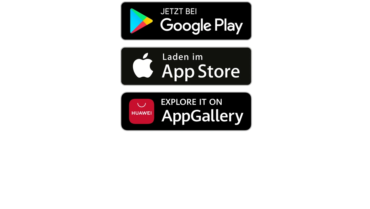 Bild zeigt drei schwarze Schaltflaechen mit Logos von Google Play Apple App Store und Huawei AppGallery.