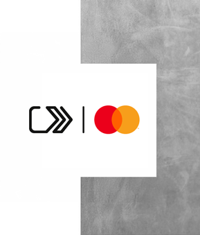 Logo mit Mastercard-Symbol und Click-to-Pay-Icon auf weißem Hintergrund, flankiert von grauer Fläche.