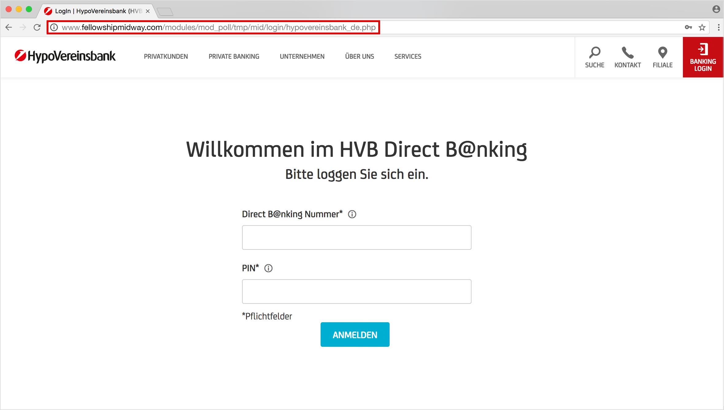 Beispiel Phising Login Seite mit Rahmen