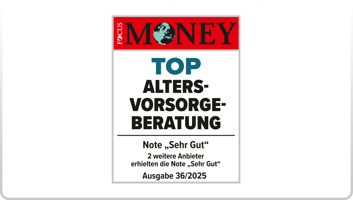 Siegel mit rotem Banner „FOCUS MONEY“, blauem Wort „TOP“, schwarzem Text „ALTERSVORSORGE-BERATUNG“ und Hinweis „Note Sehr Gut“, Ausgabe 36/2025.