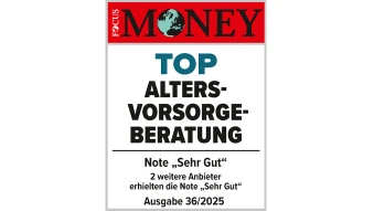 Siegel mit rotem Balken und Schrift „FOCUS MONEY“, darunter „TOP ALTERSVORSORGE-BERATUNG“, sowie Hinweis auf Note „Sehr Gut“ und Ausgabe 36/2025.