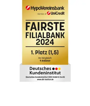 Auszeichnung für den 1. Platz der Fairsten Filialbank 2024 vom Deutschen Keditinstitut für die Hypovereinsbank. Wert 1,5. Im Vergleich 9 Anbieter.