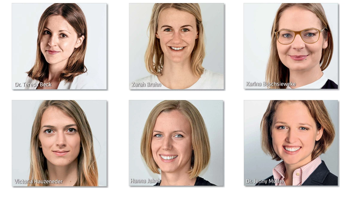 Sechs Porträtfotos vor hellem Hintergrund mit Namen unten im Bild, alle Frauen blicken in die Kamera und zeigen ein Lächeln.