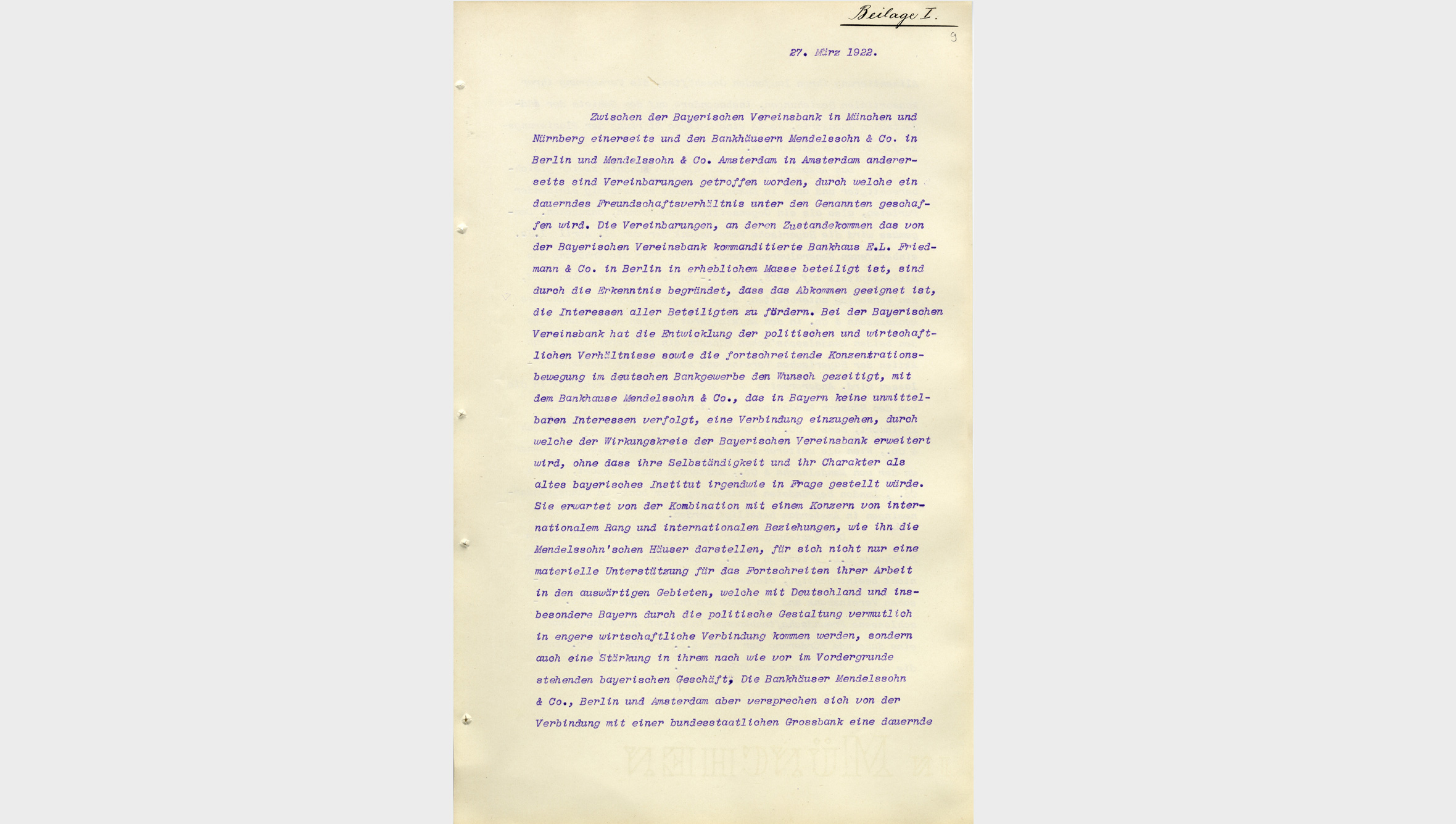 1922 schloss die Bayerische Vereinsbank einen Freundschaftsvertrag mit dem renommierten Privatbankhaus Mendelssohn & Co. in Berlin und Amsterdam.