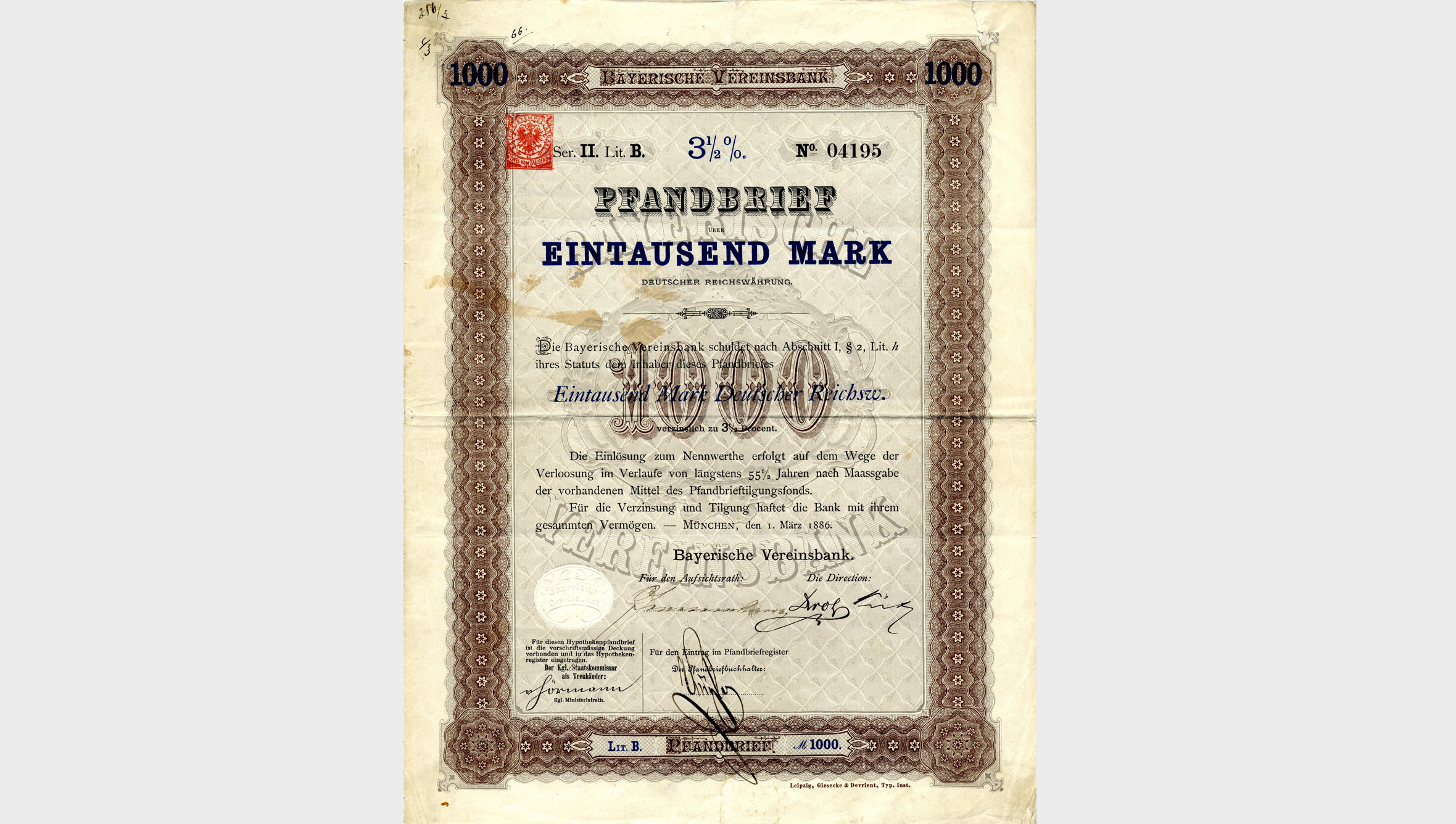 Ab 1871 betrieb die Bayerische Vereinsbank auch das Hypothekengeschäft und gab Pfandbriefe heraus.