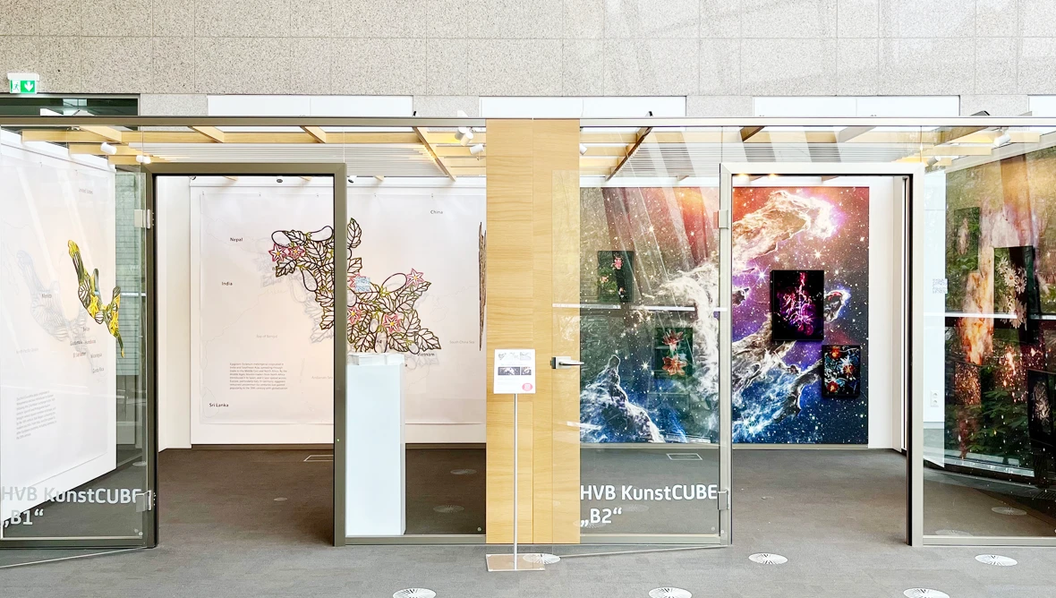 Zwei kleine Kunst-Ausstellungsräume mit gläsernen Türen, links Blumenformen an der Wand, rechts eine Sternekosmostapete