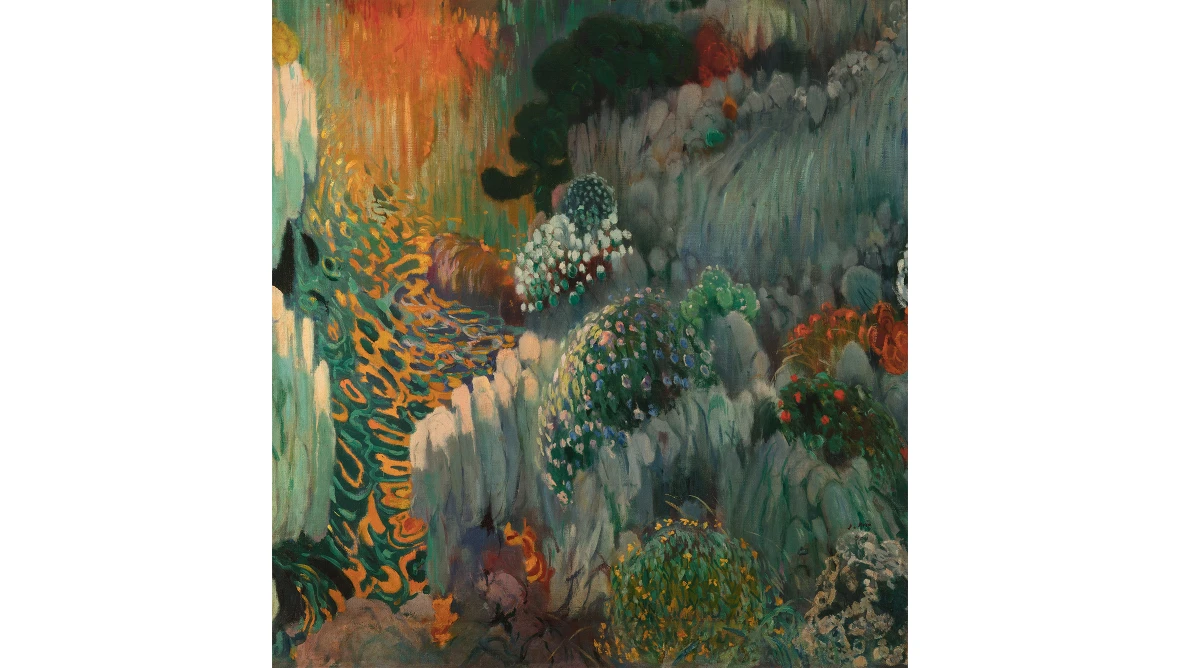 Dicht bewachsene Landschaft mit hohen Gräsern, farbigen Blüten und einem geschwungenen orangefarbenen Bereich links.