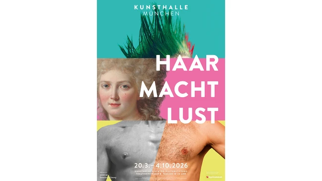 Plakat mit drei Bildausschnitten von Haaren, einem gemalten Gesicht und Oberkörpern sowie dem Schriftzug Haar Macht Lust.