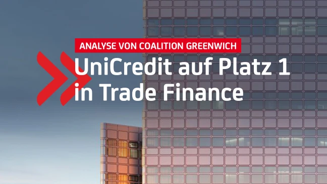 Analyse bestätigt: UniCredit auf Platz 1 im Trade Finance, rotes Logo vor Gebäudefassade.