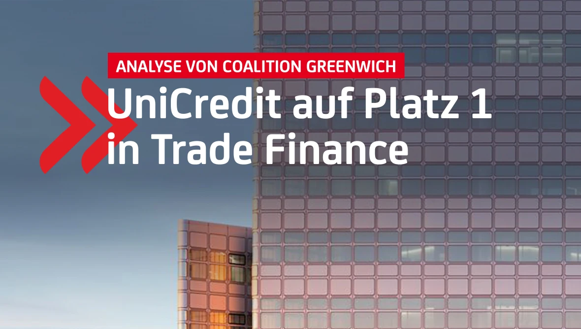 Analyse bestätigt: UniCredit auf Platz 1 im Trade Finance, rotes Logo vor Gebäudefassade.