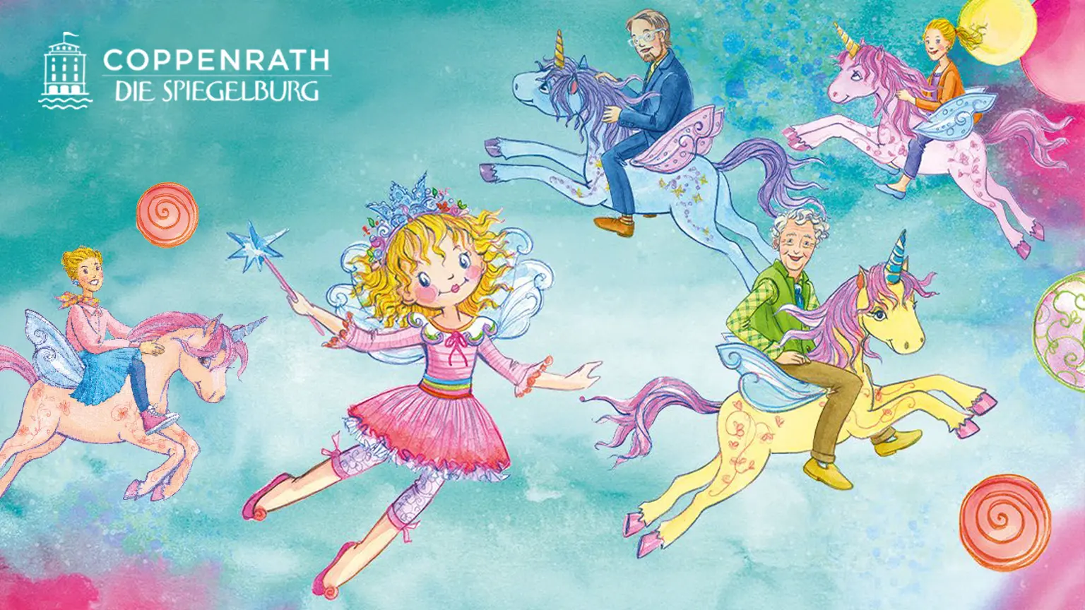 Illustration in Pastelfarben mit einer Fee und mehreren Personen auf Einhörnern. Logo von Coppenrath Die Spiegelburg.