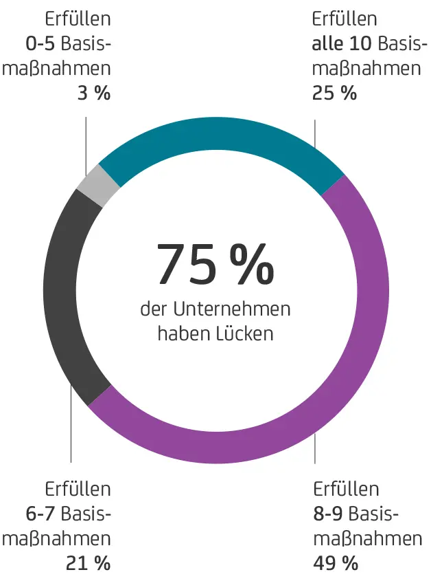 Kreisdiagramm zeigt Anteile erfüllter Basismaßnahmen 0 bis 5 drei Prozent 6 bis 7 einundzwanzig Prozent 8 bis 9 neunundvierzig Prozent zehn fünfundzwanzig Prozent und 75 Prozent mit Lücken.