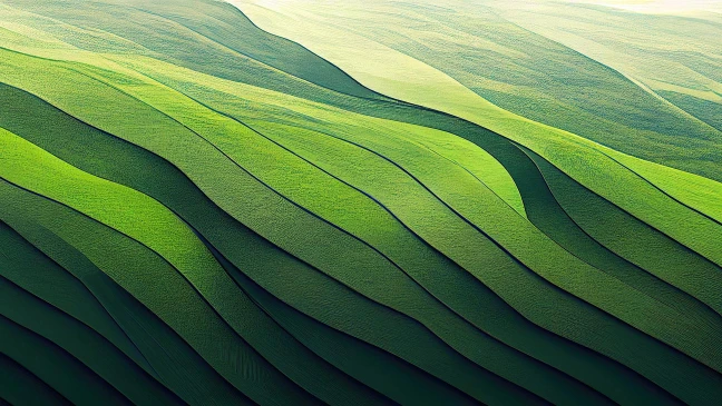 Wellenförmige grüne Hügel mit fließenden Linien und unterschiedlichen Grüntönen, erinnern an landwirtschaftlich genutzte Felder.