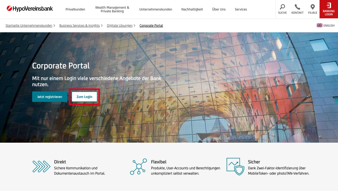 Screenshot des HVB Corporate Portals mit Login-Optionen, Bankangeboten und Icons für Direkt, Flexibel und Sicher.