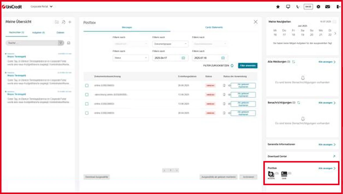 UniCredit Corporate Portal: Übersicht mit Nachrichten, Aufgaben, Dokumenten und Benachrichtigungen.