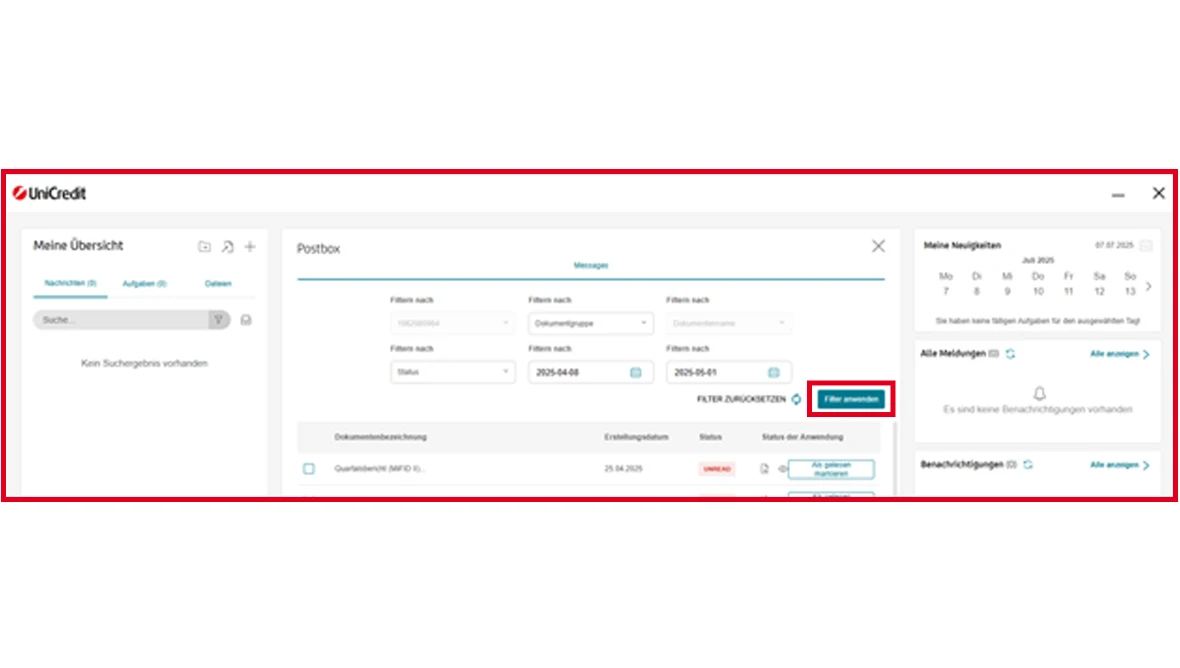 Online Banking: Übersicht mit Nachrichten, Aufgaben, Postbox-Filtern und Kalender für Benachrichtigungen.