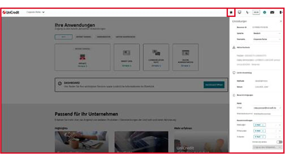 UniCredit Portal mit Anwendungen wie Online Banking, Smart Card, Cloud Suite und Konto-Administration.