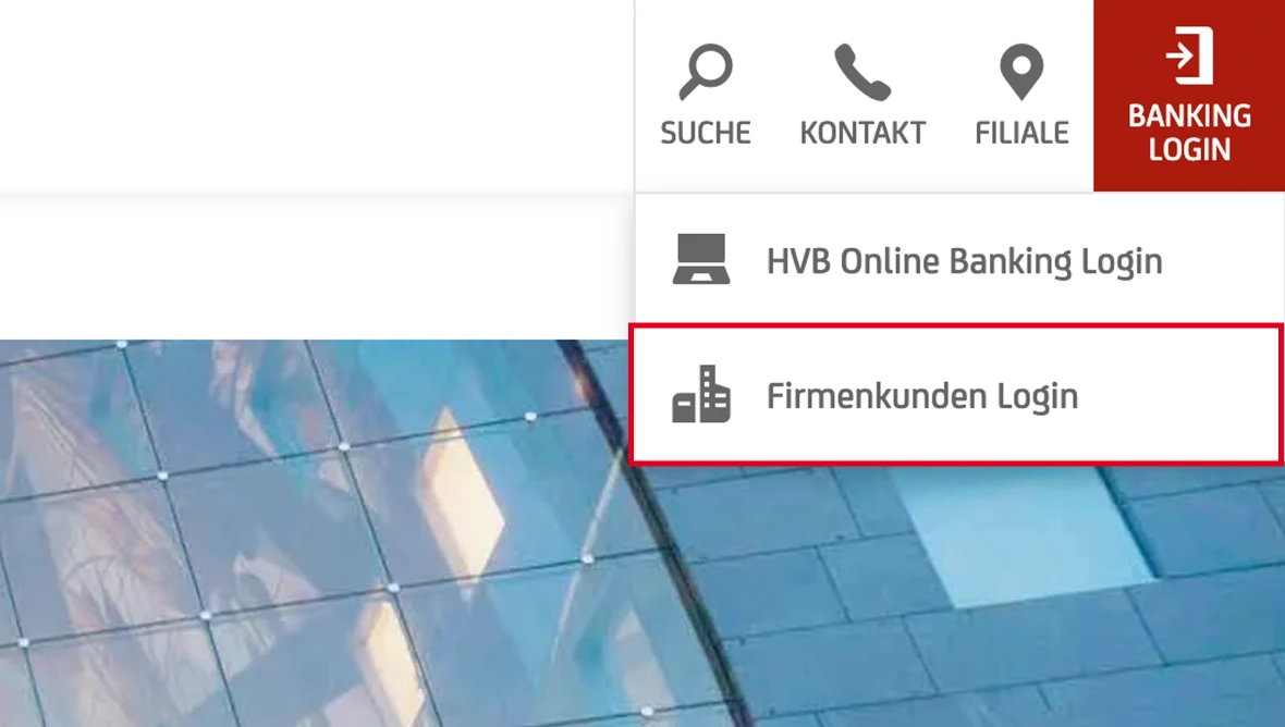 HVB Online Banking und Firmenkunden-Login auf einer gemeinsamen Login-Webseite.