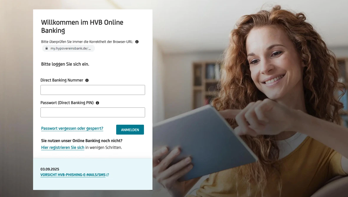 Login-Seite für HVB Online Banking mit Feldern für Direct Banking Nummer und PIN.