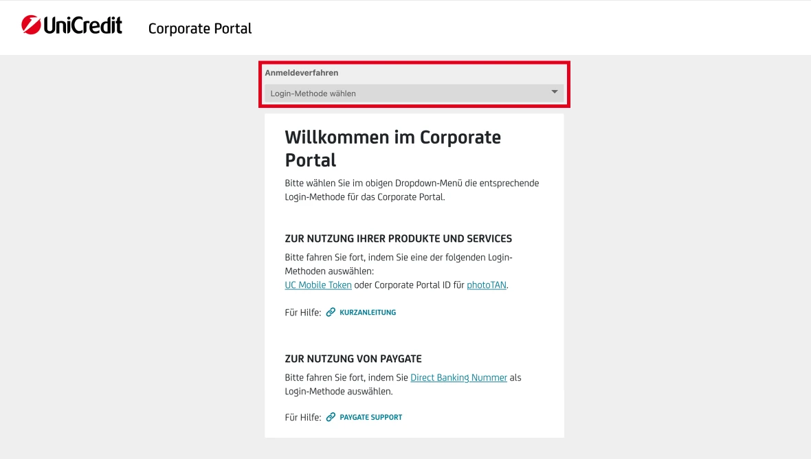 Screenshot Login-Seite des UniCredit Corporate Portals mit Auswahl der Login-Methode und Hinweisen zur Nutzung von Produkten und Paygate.