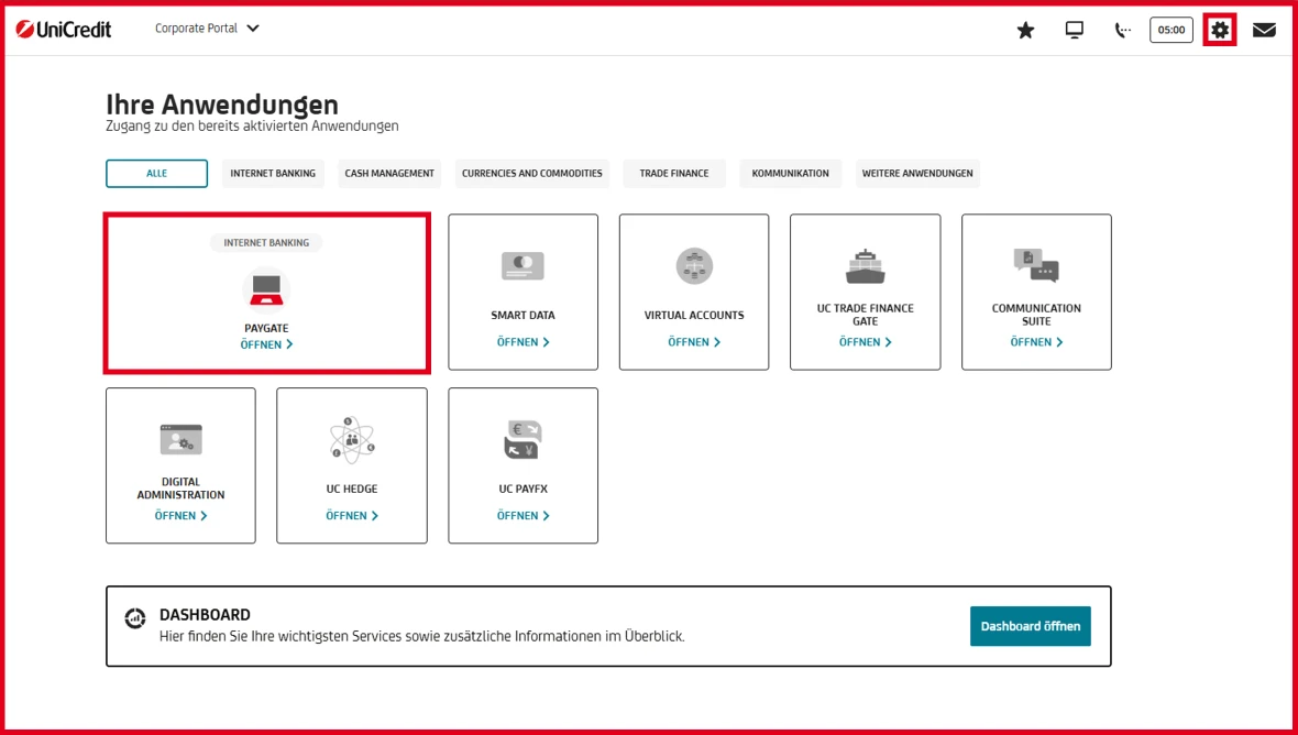 Startseite mit Kacheln für aktivierte Anwendungen wie Online Banking und Dokumenten-Upload.