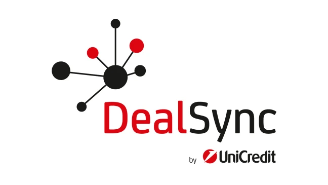 DealSync-Logo mit Netzwerkdiagramm und dem Text "by UniCredit" darunter.